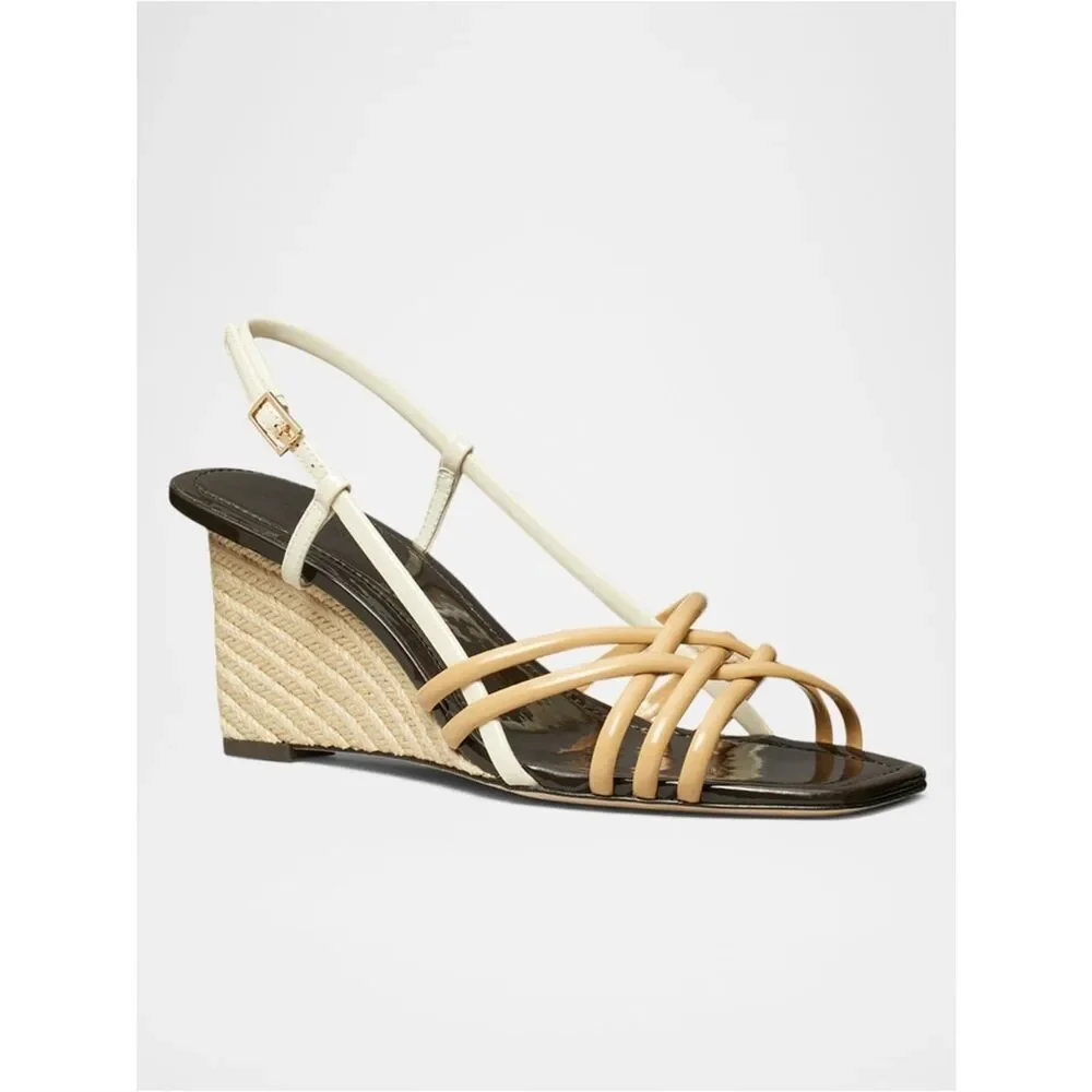 Tory Burch Multi-Strap Woven Espadrille Wedges Sandal Beige and Cream Size 10